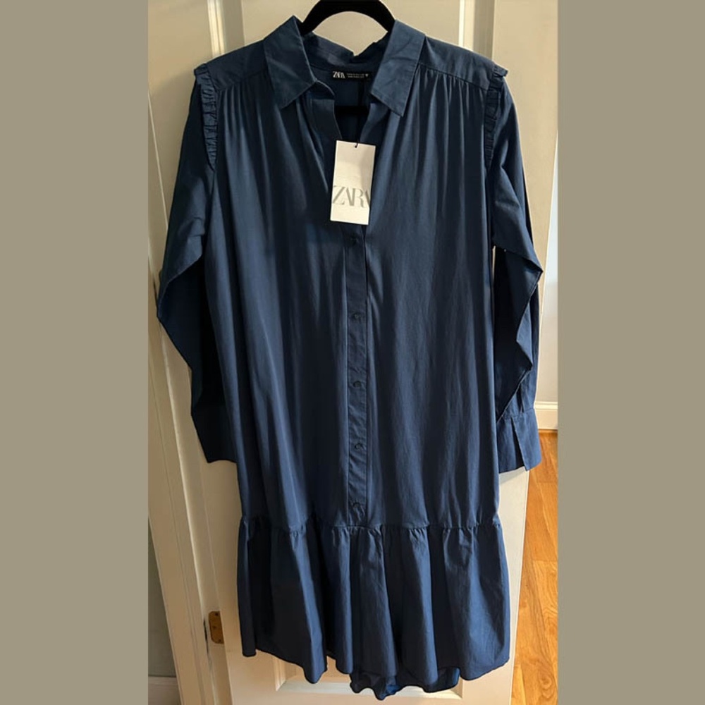 ZARA Ruffle-Shoulder Blue Shirt Dress – Size S